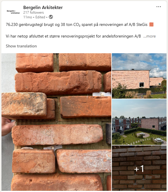 76.230 genbrugstegl brugt og 38 ton CO₂ sparet på renoveringen af A/B SteGis 